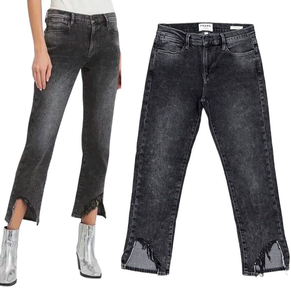 Frame Le High Straight Split Hem Frayed Jeans in Silver Strike Acid Wash Denim